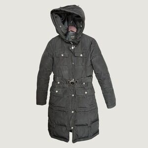 Laundry by Shelli Segal Black Down Puffer‎ Coat Belted Hooded Parka Jacket XS